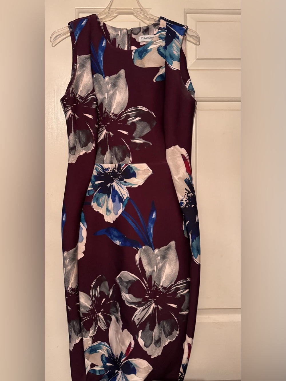 Calvin Klein Burgundy Midi Dress with Blue and Gray Floral Print